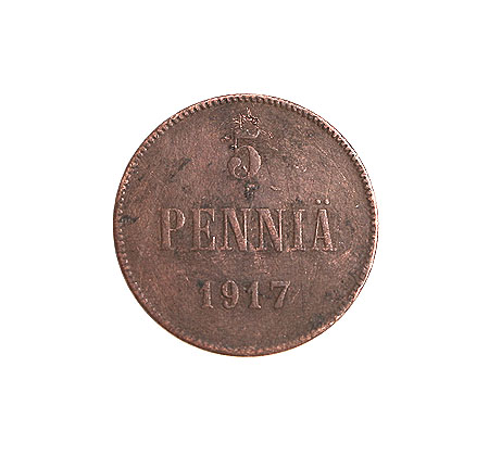 Монетa номиналом 5 пенни Медь Финляндия в составе Российской Империи, 1917 год 1917 г инфо 2829a.